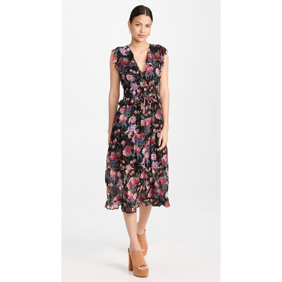 PAIGE NWOT Paradise Floral Silk Chiffon Flutter Sleeve Smocked Tiered Midi Dress - Picture 2 of 12